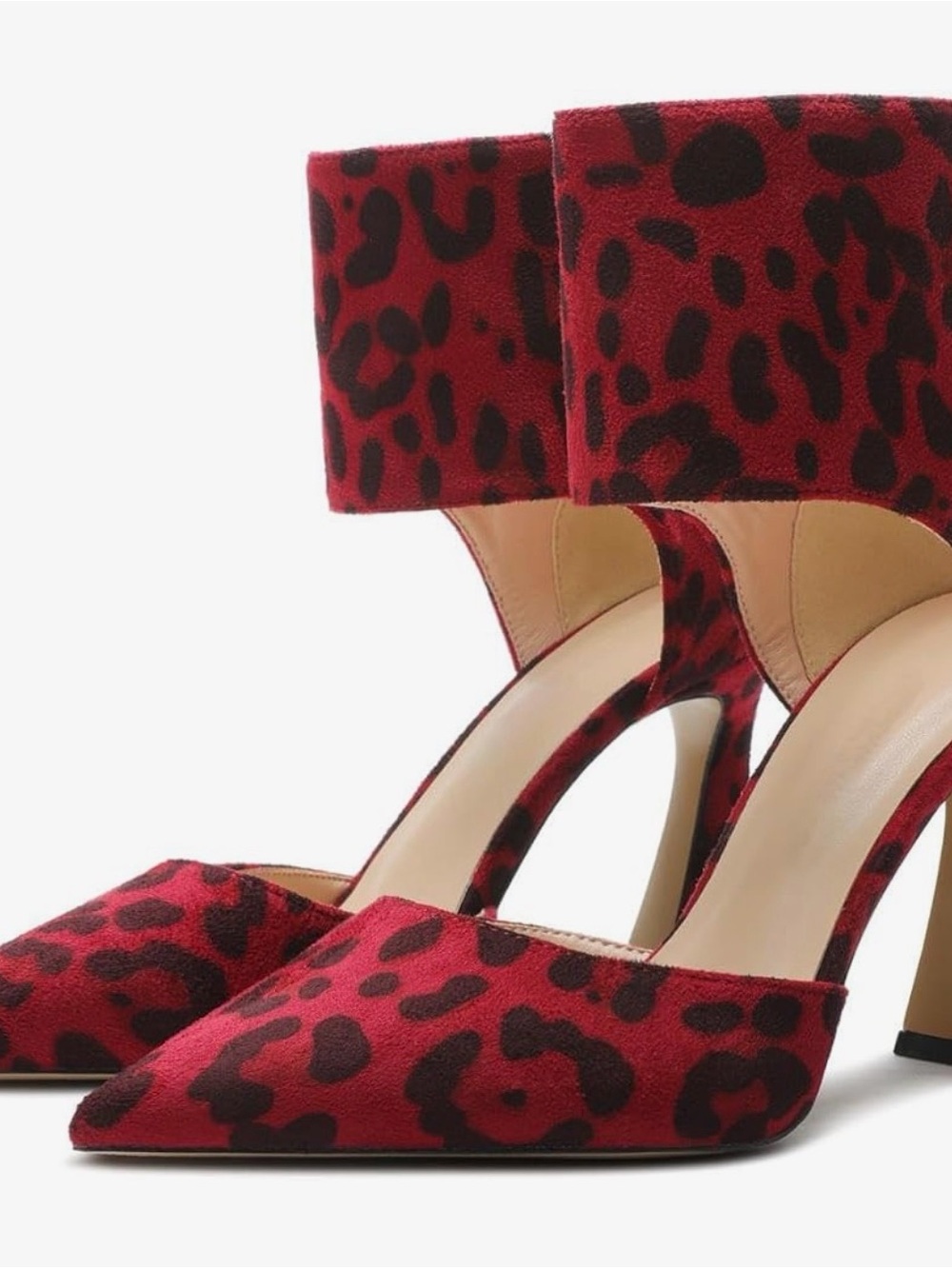 NWOB Sz. 8.5 Red Leopard-Print Pointed Toe Block Heels with Ankle Cuff